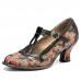  Genuine Leather Retro Fashion Floral Comfy T  strap Heels