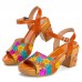  Leather Colorful Flowers Splicing Comfy Casual Rivet Retro Buckle High Heel Sandals