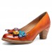  Genuine Leather Retro Ethnic Three  dimensional Flower Comfy Heels