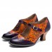  Genuine Leather Retro Fashion Floral Colorblock Comfy Breathable Hollow Mary Jane Heels