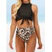 Women Leopard Print Tie Front High Neck Hot High Waist Bikini