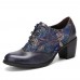  Genuine Leather Floral Embroidered Lace  up Comfy Round Toe Retro Oxfords Heels